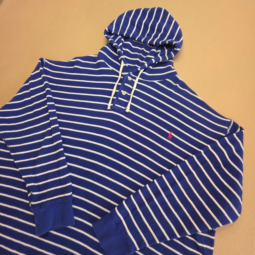 Polo Ralph Lauren Waffle-Knit Pullover Hoodie Blue & White Striped Sz 3XB